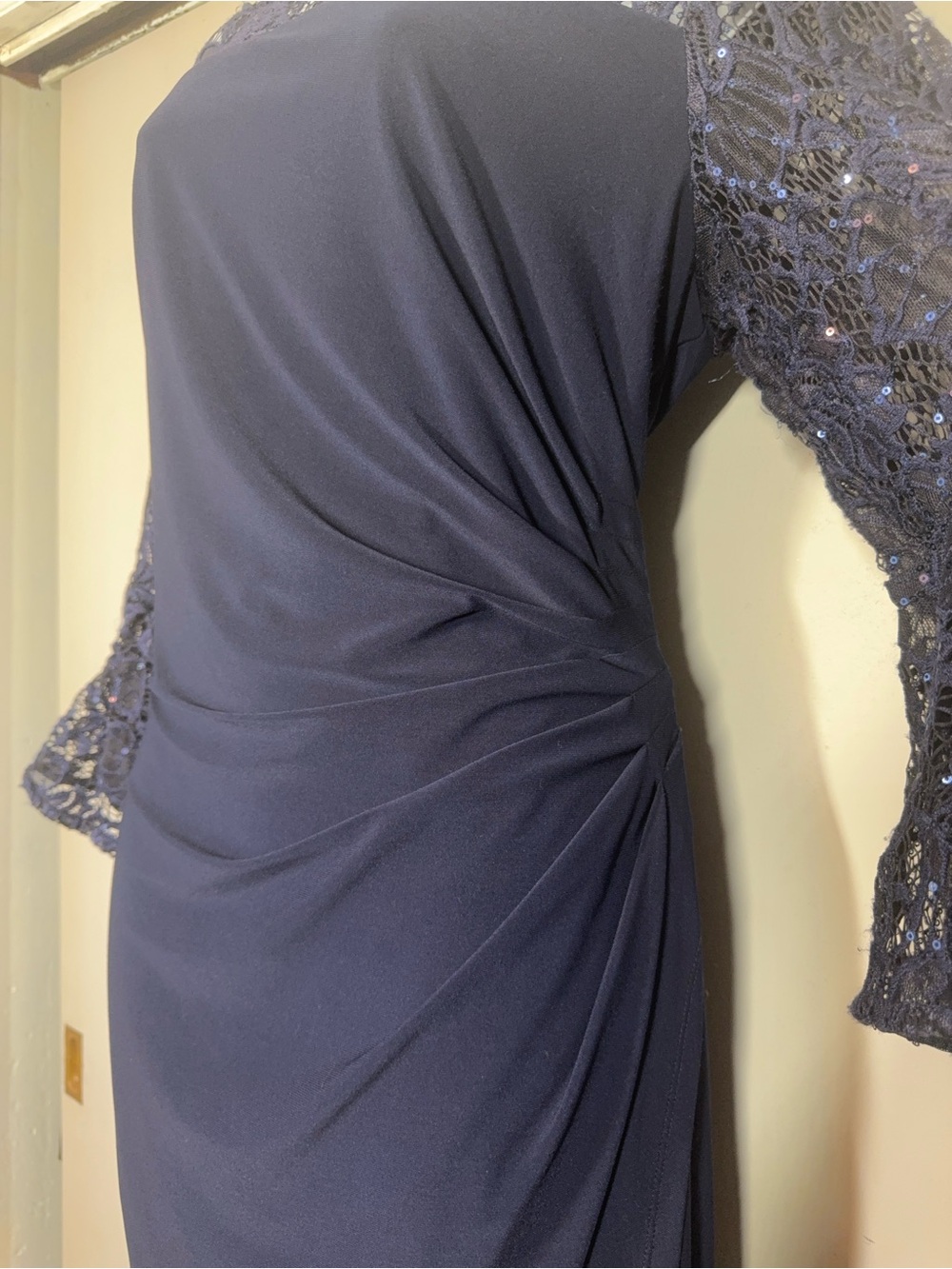 Navy Lace Yoke & Sleeve Dress - Picture 2 of 6
